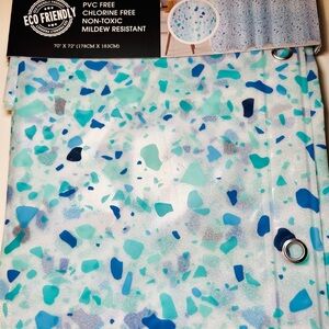 Terrazzo Blue Glitter Peva Shower Curtain w/ Metal Grommets Mosaic Tiles